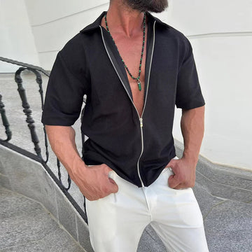 AIDASE  -  Vintage Turn-down Collar Short Sleeve Shirt For Men Summer New Casual Cardigans Stylish Solid Color Mens Textured Zip-up Shirts aidase-shop